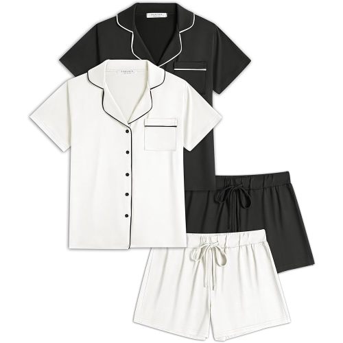 Ekouaer 2 Pack Womens Pajamas Set Button Down Summer Sleepwear Short Sleeve Comfy Pjs Loungewear Set