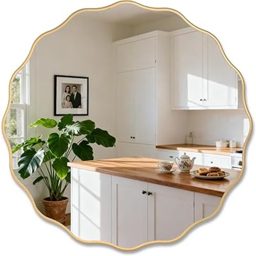 26" Wavy Mirror Scalloped Farmhous Modern Wood Farme Mirror Wall Decor for Bathroom Entryway Living Room Bedroom Hallway