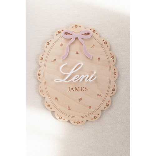 Girl Name Announcement Sign: Vintage Lace Border Hospital Plaque with Bow