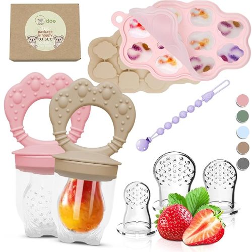 O’doe Silicone Baby Popsicle Molds & 2 Baby Food Feeders with 1 Clip, 2-Pack Freezer Tray with Lid, 10-Hole Popsicle Molds for Teething Relief, Includes 3 Extra Pacifiers, BPA Free (Pink + Beige)