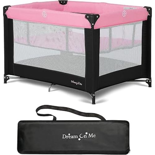Zazzy Portable Playard with Bassinet in Pink, Packable and Easy Setup Baby Playard, Lightweight and Portable Playard for Baby with Mattress and Travel Bag