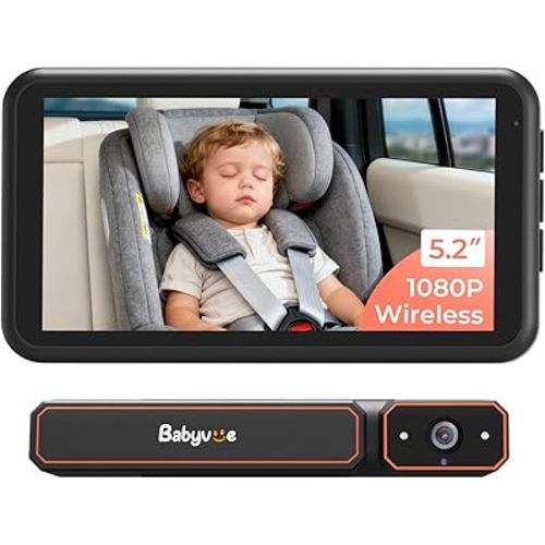 Babyvue BV6 Wireless Baby Car Camera Easy to Install, No Wiring Car Baby Monitor with HD1080P IR Night Vision, 5.2" Screen Car Seat Camera 3X Zoom for Kids