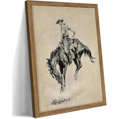 Western Cowboy Wall Art, Vintage Farmhouse Canvas Wall Decor Painting, Retro Southwestern Cowboy Artwork Prints Pictures for Bedroom Living Room Home Decor 12x16 Inch Framed
