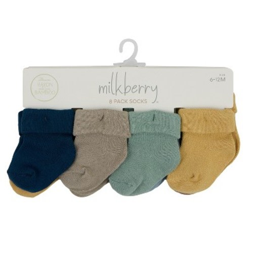 Milkberry 8 Pack Rayon of Bamboo Baby Socks Non-Slip Gripper Baby Girl Solid Earth Tone Cuffed Size 6-12 Months
