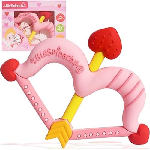 Teethers Heart Shape Silicone Baby Teether Toy Easy for Little Hands to Hold,Cupid Bow and Arrow Soft Teething Toy for Infants,Valentine's Gift for Girl or Boy (Pink)