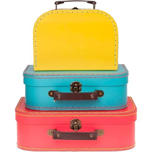 Jewelkeeper Decorative Storage Boxes Set of 3 - World Map Mini Suitcase Style Cardboard Suitcase with Brass Clasps and Handle - Ideal for Travel Decor, Event Props and Gift Presentation
