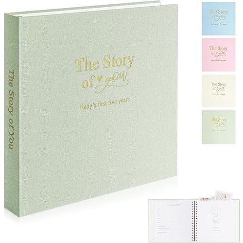 Timeless First 5 Years Keepsake Baby Memory Book for Boy or Girl, Luxury Linen Cover Acid Free Pages, Neutral Baby Journal Milestone Book or Scrapbook, Record the Story of You from Birth to Age 5