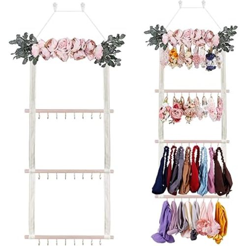 Hair Bows Holder Headband Organizer for Girls,Baby Hair Accessories Organizer Hair Clips Hanger Storage with Hooks, Wall Hanging Decor for Nursery Room