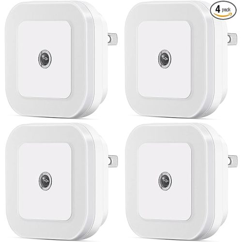 Dimmable LED Night Light with Dusk-to-Dawn Sensor for Nursery, Kids Room, Bedroom, Hallway, Stairs, Bathroom, Kitchen, Daylight White, Pack of 4