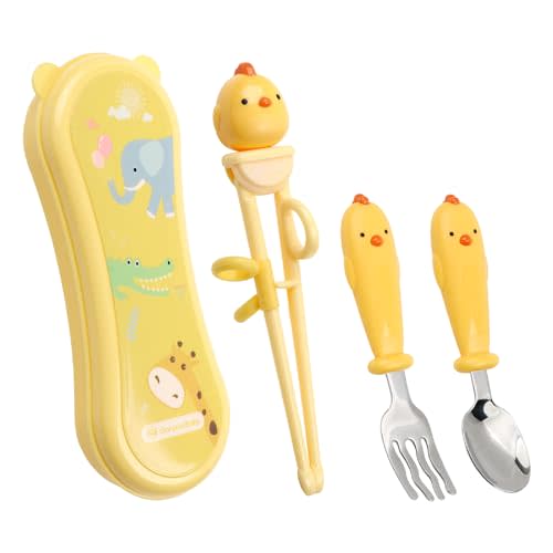 GORYEO BABY Toddler Utensils Stainless Steel Kids Silverware Set with Kids Spoons and Forks Set and Kids Chopsticks for Self Feeding Learning with Portable Case