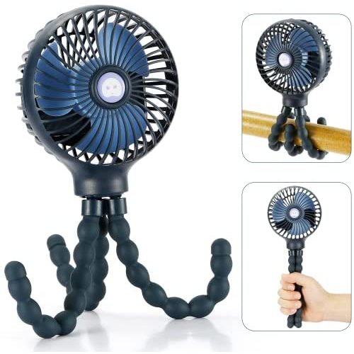 Mini Handheld Personal Portable Fan, Baby Stroller Fan, Car Seat Fan, USB or 4000mAh Battery Powered, with Flexible Tripod Clip on Student Bed Desk Peloton Bike Crib Treadmill Camping Traveling(Dark Blue)