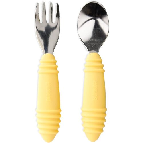Bumkins Toddler Utensils, Kids Size Fork and Spoon Set, Silicone and Stainless-Steel Training Silverware, Angled Fork / Spork for Self-Feeding, Children Learning to Eat, 18 Mos Up, Pineapple Yellow