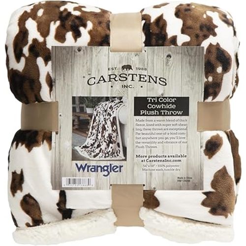 CARSTENS, INC. Wrangler Ultra Premium Super Soft Plush Sherpa Fleece Oversized Throw Blanket 54" x 68", Tri-Color Cowhide