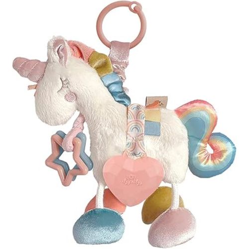 Itzy Ritzy Link & Love Toy for Stroller or Car Seat; Features Textured Ribbons, Crinkle Sounds, Clinking Rings & Silicone Teether; Designed For Ages 0 Months and Up (Unicorn)