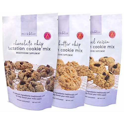 MIlkBliss Lactation Cookie Mix Three Pack of Chocolate Chip, Peanut Butter Chip, and Oatmeal Raisin for Breast Milk Supply Increase- 15 oz bags