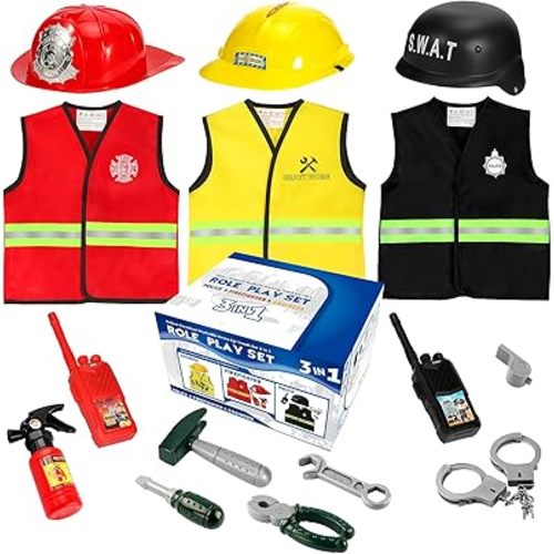 Boys Dress up Trunk Costumes Set,15pcs Pretend Role Play Set Fireman, Police, Construction Worker Costume with Accessories for Kids Ages 3-7