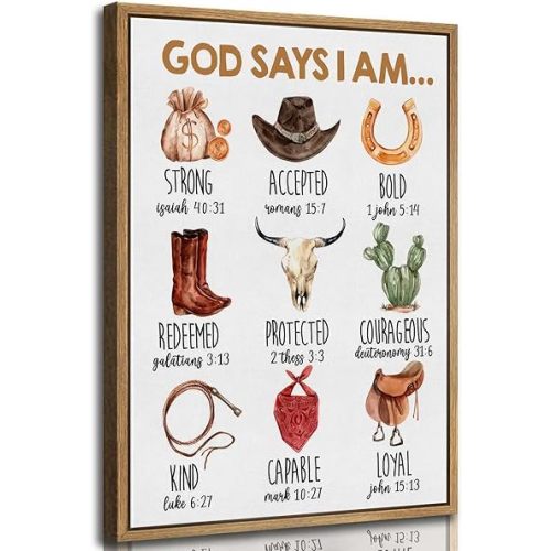 Framed Christian Nursery Canvas Wall Art God Says I Am Inspirational Bible Verses Western Cowboy Painting Pictures Wall Decor Posters Prints Artwork for Kids Girls Bedroom Playroom Baby Room