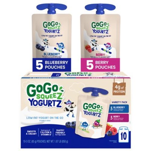 GoGo squeeZ yogurtZ Blueberry and Berry Snack Pouches, 3 oz, 10 Pack