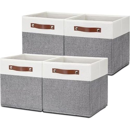 HNZIGE Set of 4, Foldable Storage Cube Bin Baskets, Fabric 11x11 Cube Storage Bins for Storage with Handles, Shelf Bins for Cube Home Toy Nursery Closet(White Gray)