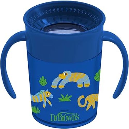 Dr. Brown’s Milestones Cheers 360 Cup Spoutless Transition Cup with Handles for Easy Grip and Leak-Free Learning, Blue Safari, 7 oz/200 mL