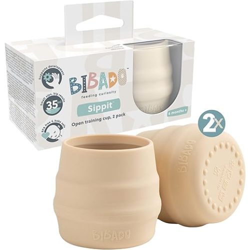 BIBaDO - Sippit Silicone Baby Cup, Fawn (2-Pack) - Open Training Silicone Cups - Soft, Non Slip Grip, Weighted Base - Durable, Dishwasher Safe, BPA Free - Toddler Cups - Baby Essentials - 6 Months+