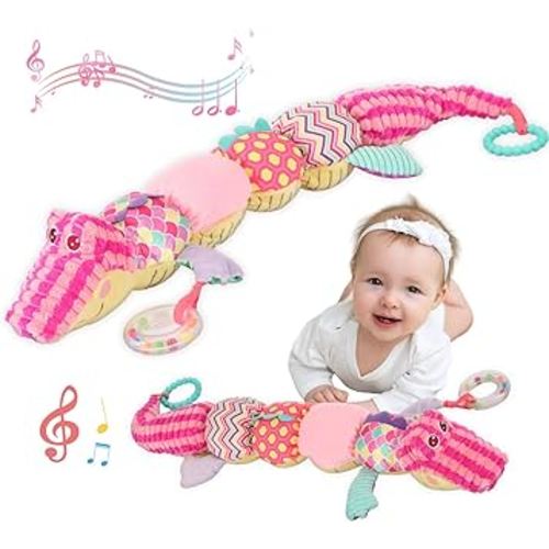 Baby Sensory Toy 0-6 Month Musical Pink Crocodile Plush Toy for Infant 0-3-6 Months Rattles with rustling Sounds and Tummy time Sensory Toys Baby Shower Birthday Gifts
