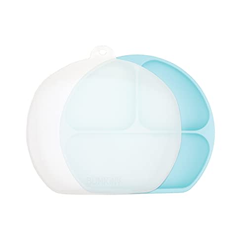 Bumkins Toddler and Baby Suction Plate, Silicone Divided Grip Dish and Lid, Babies and Kids, Baby Led Weaning, Children Feeding Supplies, Non Skid Bottom, Platinum Silicone, Ages 6 Months Up, Blue