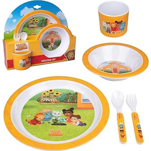 Daniel Tiger 5 Pc Mealtime Feeding Set for Kids and Toddlers - Includes Plate, Bowl, Cup, Fork and Spoon Utensil Flatware - Durable, Dishwasher Safe, BPA Free (Yellow)