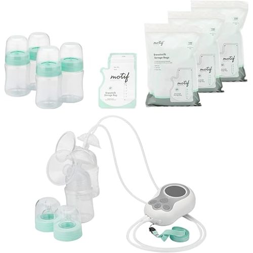 Motif Medical - Duo - Portable Double Electric Breast Pump Bundle with Milk Storage, Easy, On-The-Go Pumping, Ideal for Travel Moms White
