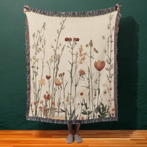 Floral Woven Blanket, 100% Cotton, Cozy Throw for Cottagecore Boho Home Decor, Mother's Day Gift