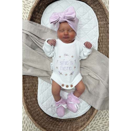 She’s Here Announcement Romper | Honey Blossom | Coconut + Lilac Writing