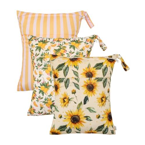 babygoal Wet Dry Bags 3 Pack, Waterproof Travel Bags for Swimsuits, Beach, Pool, Gym,Food Storage and Wet Clothes(Sunflower,Lemon,Stripe),3LN43-B