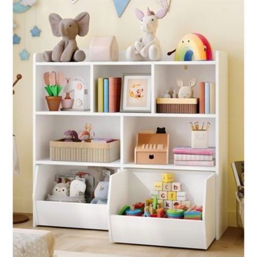 Toy Storage Organizer with Movable Drawers, Kids Bookshelf with Hidden Wheels and 5 Open Cubbies, Multifunctional Floor Storage Chest for Playroom