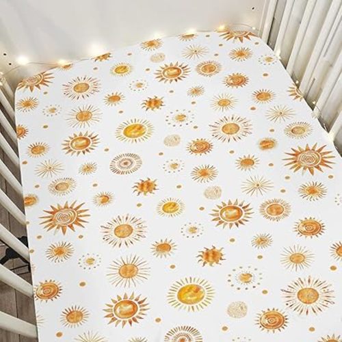 Watercolor Boho Suns Baby Crib Sheets for Boy Girl 52"x28" Tribal Sun Totem Soft Stretchy Fitted Crib Mattress Covers Summer Golden Sun Nursery Baby Sheet for Standard Crib and Toddler Mattress