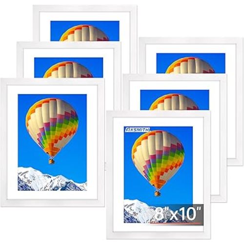 FIXSMITH 8x10 Picture Frame Set of 6, White Photo Frames Bulk with HD Plexiglass, Display Pictures 5x7 with Mat or 8x10 Without Mat, Multi Picture Frames Collage for Tabletop or Wall Display