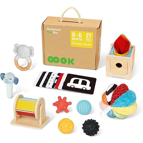 Montessori Toys for Babies 0-6 Months, 7 in 1 Newborn Baby Toys with Spinning Drum, Colorful Fabric Ball, Tissue Box Toy, Sensory Balls, Contrast Cards and More, Great Educational Toy for Baby