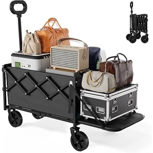 Collapsible Wagon with Wheels & Tailgate, 350LBS Wagons Carts Foldable Heavy Duty, Lightweight Portable Folding Utility Wagon Grocery Shopping Cart for Garden, Camping, Beach (Black)