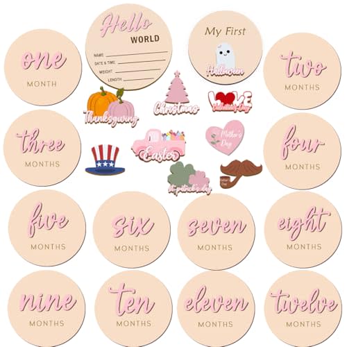 Monthly Baby Milestone Maker Discs, Baby Milestone Signs for Newborn Baby, Hello World Newborn Sign for Baby Girl & Boy, Baby Announcement Sign for 1-12 Month, Milestone Wooden Circles (Pink)