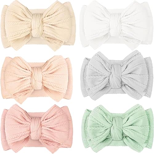 CÉLLOT 6 Pcs Super Stretchy Soft Handmade Headbands with Double Bows Head Wrap Nylon Hair Accessories For Newborn Baby Girls Infant Toddlers Kids(Light Colors)