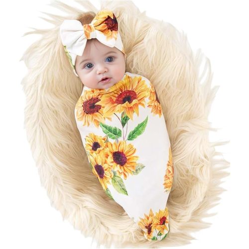 Galabloomer Newborn Sunflower Receiving Blanket Headband Set Baby Flower Rose Swaddle with Big Bow