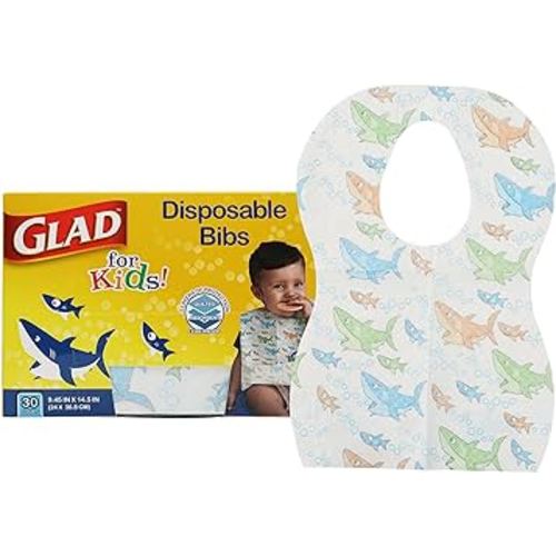 Glad for Kids Shark Disposable Paper Bibs with Crumb Catcher for Feeding - Absorbent and Leakproof Eating and Travel Essentials for Mess-Free Meals, 30 Count