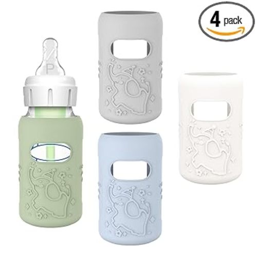 KingKam 4 Pack Silicone Sleeves for Dr. Brown's Glass Baby Bottles, Anti Breakage Baby Bottle Sleeves Holder, Compatible with Dr. Brown's Newborn Narrow Glass Baby Bottles 4oz