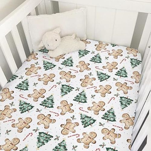 Christmas Gingerbread Cookie Baby Crib Sheet 52''x28'' Merry Christmas Trees Candy Fir Leaves Fitted Crib Mattress Cover for Boy Girl Winter Holiday Baby Bed Sheets for Standard Crib Toddler Mattress