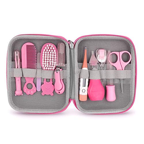 Baby Grooming Kit, Portable Baby Safety Care Set with Hair Brush Comb Nail Clipper Nasal Aspirator etc for Nursery Newborn Toddlers Infant Girl Boys Keep Clean (Pink)