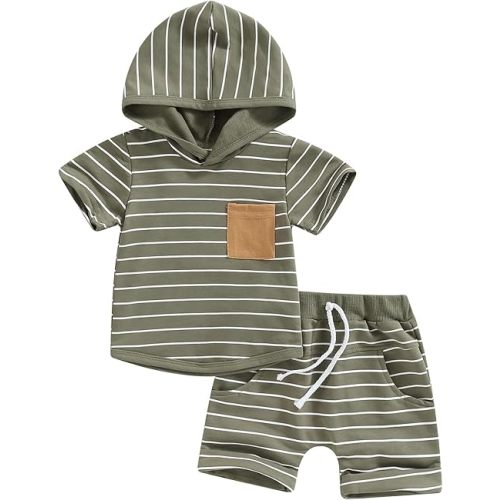 Toddler Baby Boy Summer Outfit Short Sleeve Hooded Stripes Top Casual Shorts Set Infant Newborn Clothes 6 12 18 24 Month