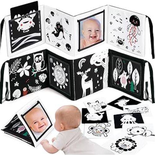 URMYWO Black and White Baby Toys, Tummy Time High Contrast Newborn Toys 0-3 Months, Baby Boy Girl Gifts, Visual Stimulation Learning Activity Cards, Soft Baby Book, Montessori Infant Toys 0-12 Months
