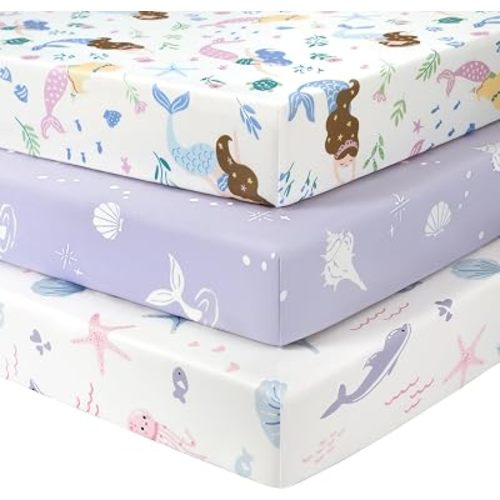 Baby Crib Sheets Girl, 3 Pack Toddler Bed Sheets Fitted for 52”x28” Standard Crib and Toddler Mattresses, Super Soft Microfiber Purple Mermaid