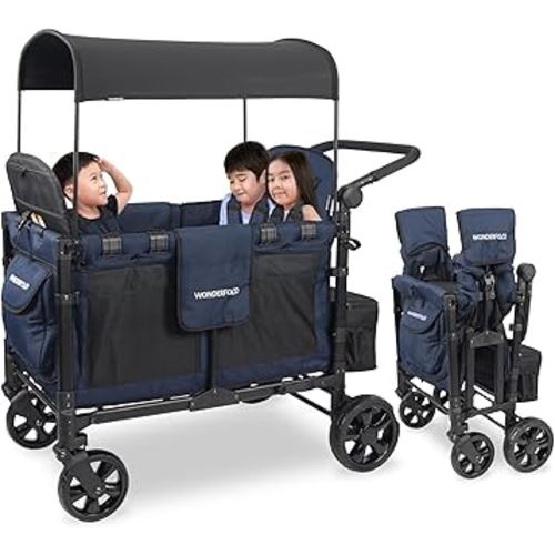 WONDERFOLD W4 Elite Stroller Wagon (4 Seater) - Collapsible Wagon Stroller with Seats with 5-Point Harnesses, Adjustable Push Handle, and Removable UV Sun Canopy, Noble Navy