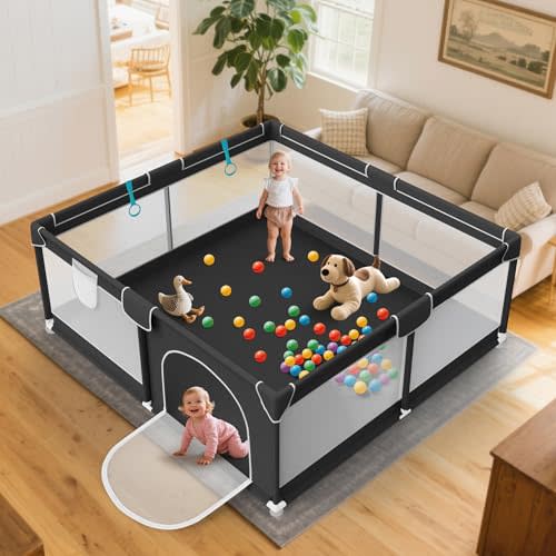 64x64 in Baby Playpen for Babies and Toddlers - Indoor and Outdoor Extra Large Baby Play Pen with Soft Breathable Mesh & External Zipper Door - Play Yard with 2 Handles for Walking Playing, Black