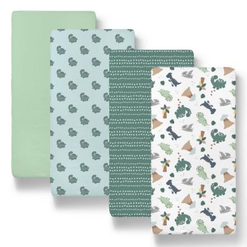 The Peanutshell Green Dino Bassinet Sheets For Newborn Baby Boy & Baby Girl, 4 Pack Set